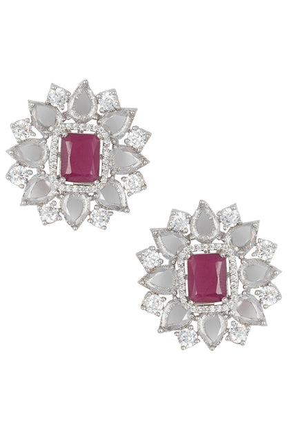 Silver Plated Rose Cut Diamond and Ruby Stud Earrings