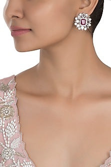 Silver Plated Rose Cut Diamond and Ruby Stud Earrings
