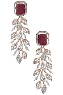 Rose Gold Plated Faux Single Ruby and Diamond Dangler Earrings