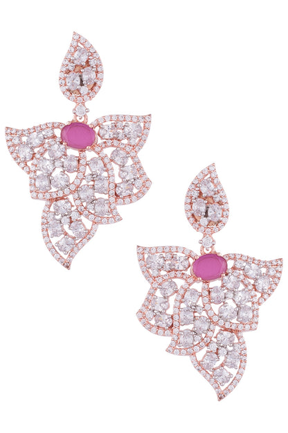 Rose Gold Plated Faux Diamond and Ruby Leaf Earrings