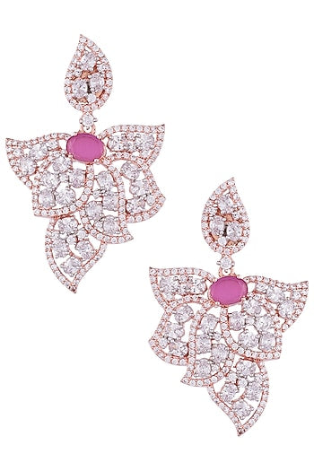 Rose Gold Plated Faux Diamond and Ruby Leaf Earrings