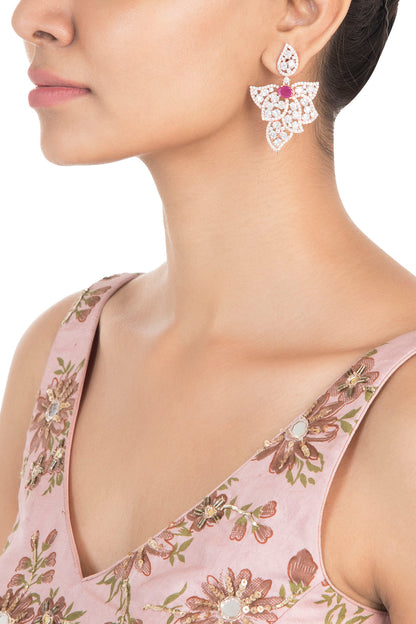 Rose Gold Plated Faux Diamond and Ruby Leaf Earrings