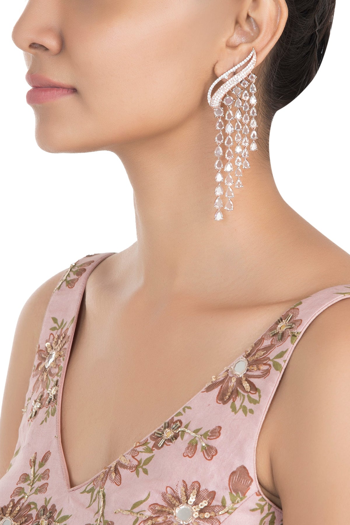 Silver Plated Faux Diamond and Rose Cut Stone Waterfall Earrings
