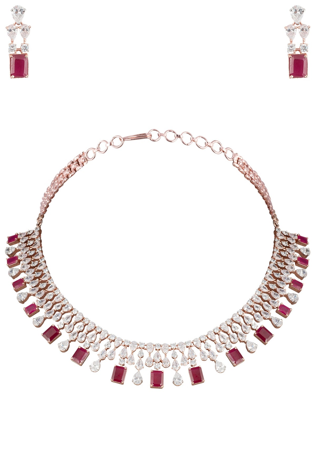 Rose Gold Plated Faux Ruby and Diamond Necklace Set