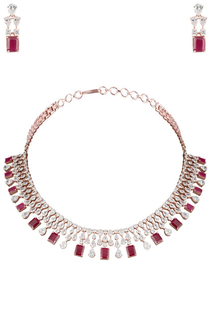 Rose Gold Plated Faux Ruby and Diamond Necklace Set