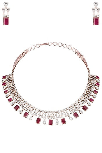 Rose Gold Plated Faux Ruby and Diamond Necklace Set