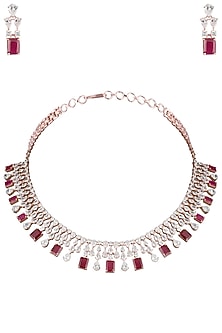 Rose Gold Plated Faux Ruby and Diamond Necklace Set