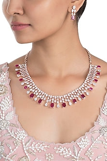 Rose Gold Plated Faux Ruby and Diamond Necklace Set