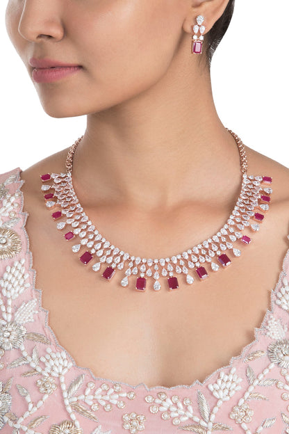 Rose Gold Plated Faux Ruby and Diamond Necklace Set