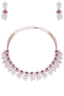 Rose Gold Plated Faux Ruby and Diamond Floral Necklace Set