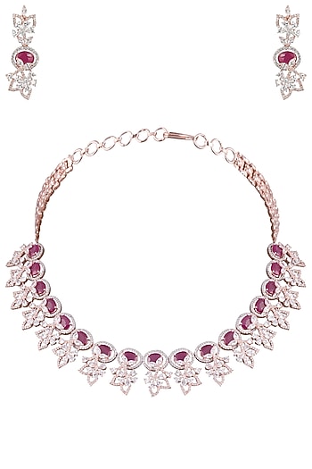Rose Gold Plated Faux Ruby and Diamond Floral Necklace Set