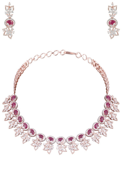 Rose Gold Plated Faux Ruby and Diamond Floral Necklace Set
