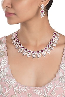 Rose Gold Plated Faux Ruby and Diamond Floral Necklace Set