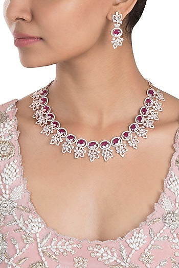 Rose Gold Plated Faux Ruby and Diamond Floral Necklace Set