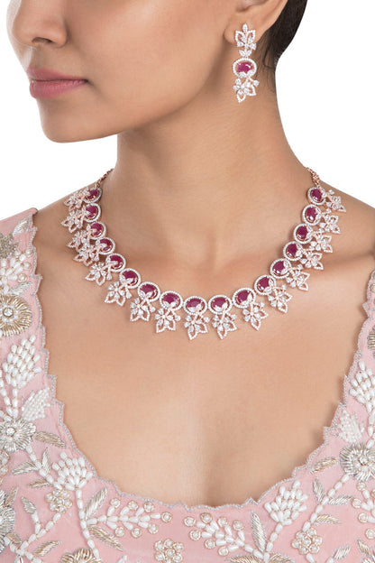 Rose Gold Plated Faux Ruby and Diamond Floral Necklace Set