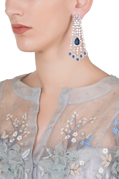 Silver plated diamond and sapphire dangler earrings