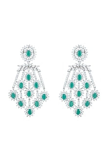 Silver plated diamond and emerald dangler earrings