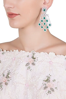 Silver plated diamond and emerald dangler earrings