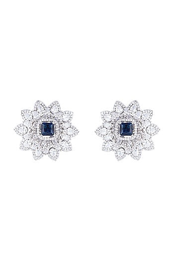 Silver plated diamond and sapphire stud earrings