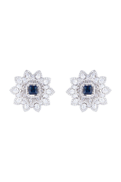 Silver plated diamond and sapphire stud earrings