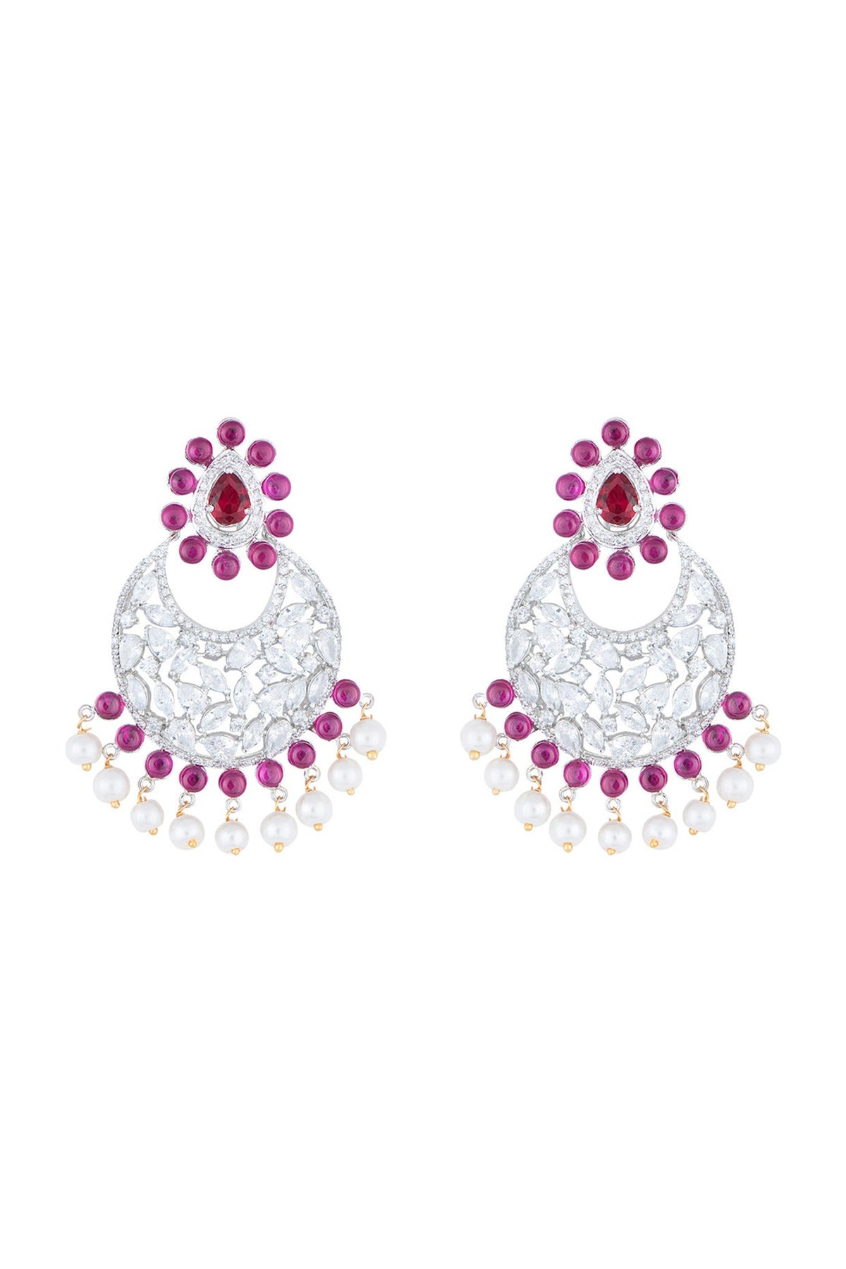 Silver plated diamond and ruby chandbali earrings