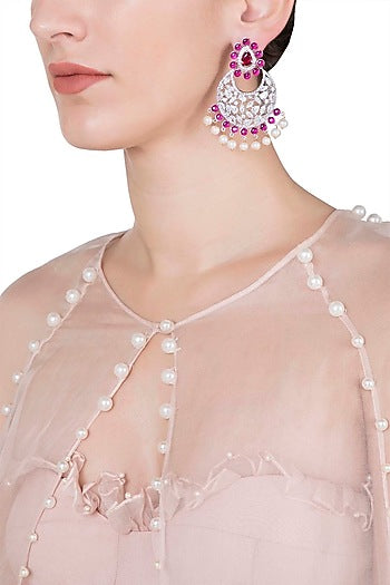 Silver plated diamond and ruby chandbali earrings