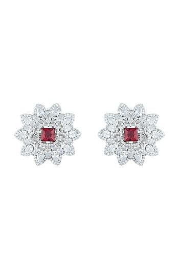 Silver plated diamond and ruby stud earrings