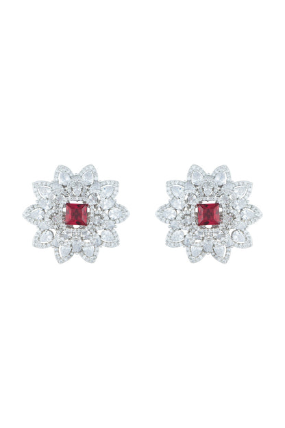 Silver plated diamond and ruby stud earrings