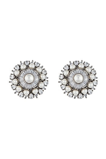 Silver plated faux diamond and pearl stud earrings