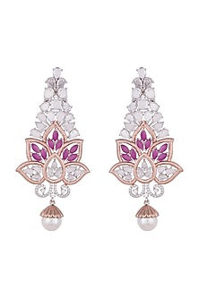 Silver plated faux diamond long floral earrings