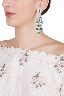 Silver plated diamond and emerald long earrings
