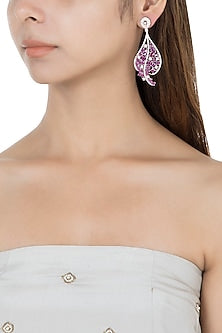 Silver plated faux diamond and ruby leaf earrings