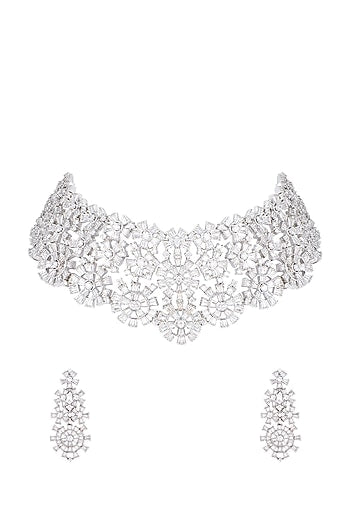 Silver plated faux diamond choker necklace set