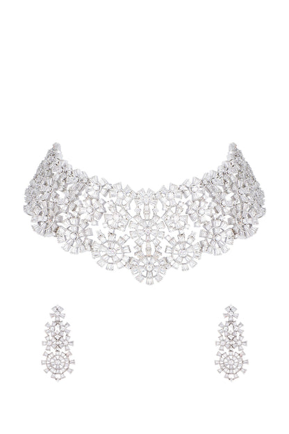 Silver plated faux diamond choker necklace set
