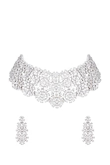 Silver plated faux diamond choker necklace set