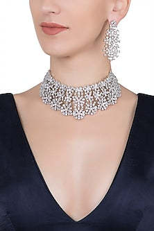 Silver plated faux diamond choker necklace set