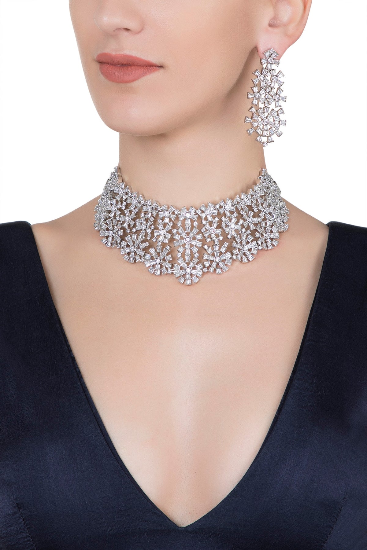 Silver plated faux diamond choker necklace set