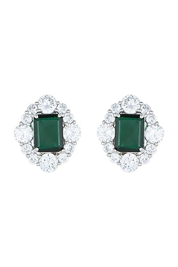 White Rhodium Plated Faux Emerald & Diamond Earrings