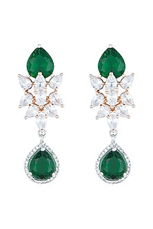 White Rhodium Plated Faux Diamond & Emerald Long Earrings