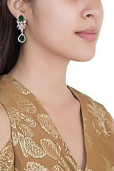 White Rhodium Plated Faux Diamond & Emerald Long Earrings