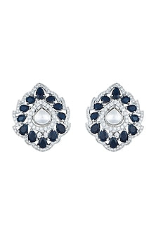 White Rhodium Plated Faux Polki & Sapphire Stud Earrings