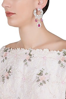 Silver plated diamond and ruby drop earrings