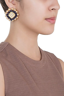 Yellow Rhodium Plated Faux Polki & Sapphire Bead Earrings