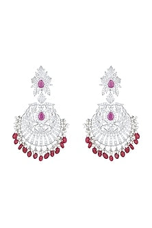 White Rhodium Plated Faux Diamond & Ruby Traditional Earrings