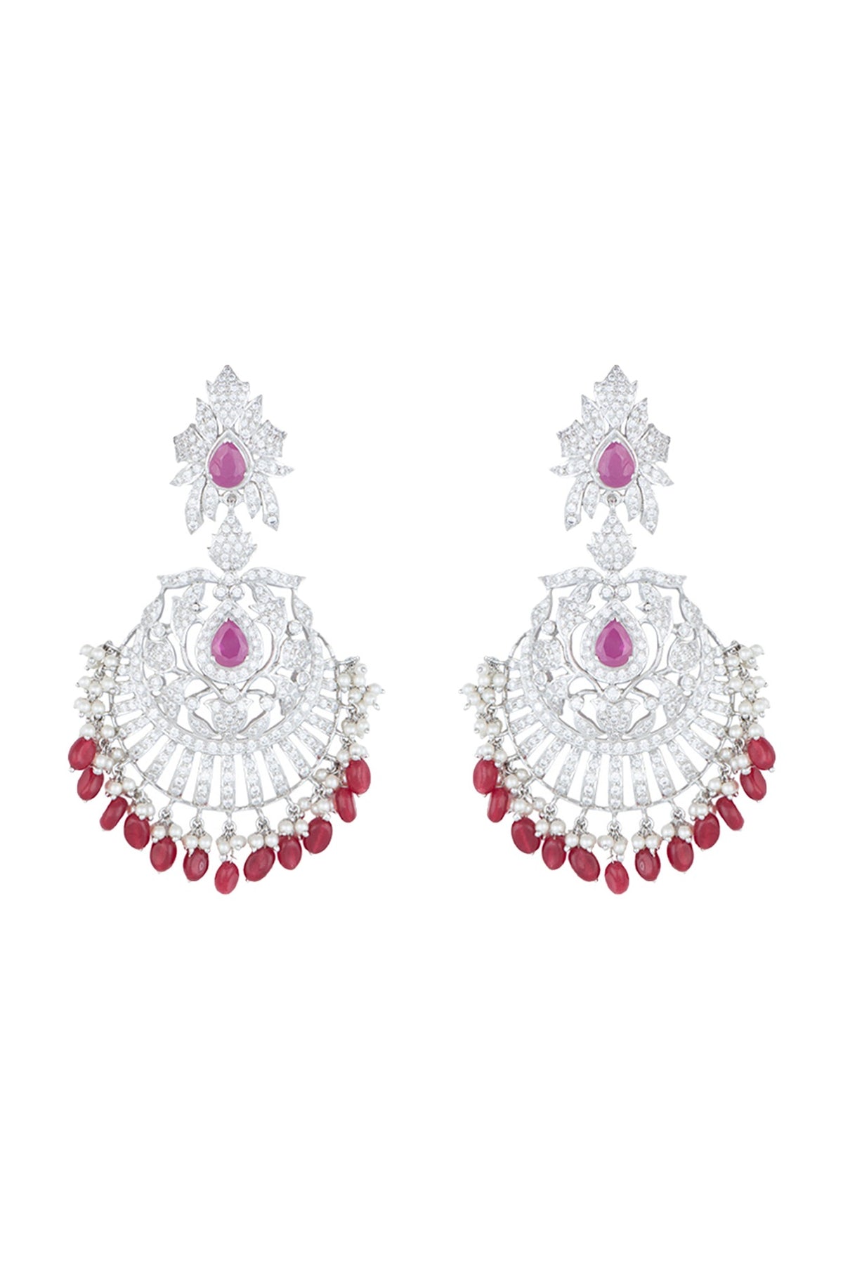 White Rhodium Plated Faux Diamond & Ruby Traditional Earrings