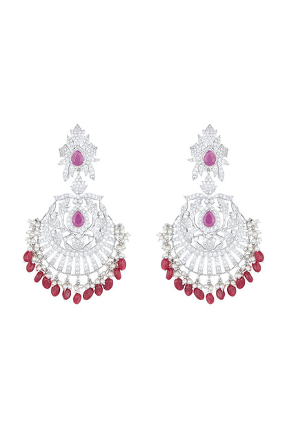 White Rhodium Plated Faux Diamond & Ruby Traditional Earrings