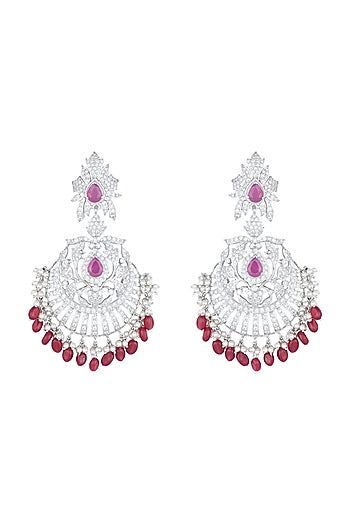 White Rhodium Plated Faux Diamond & Ruby Traditional Earrings