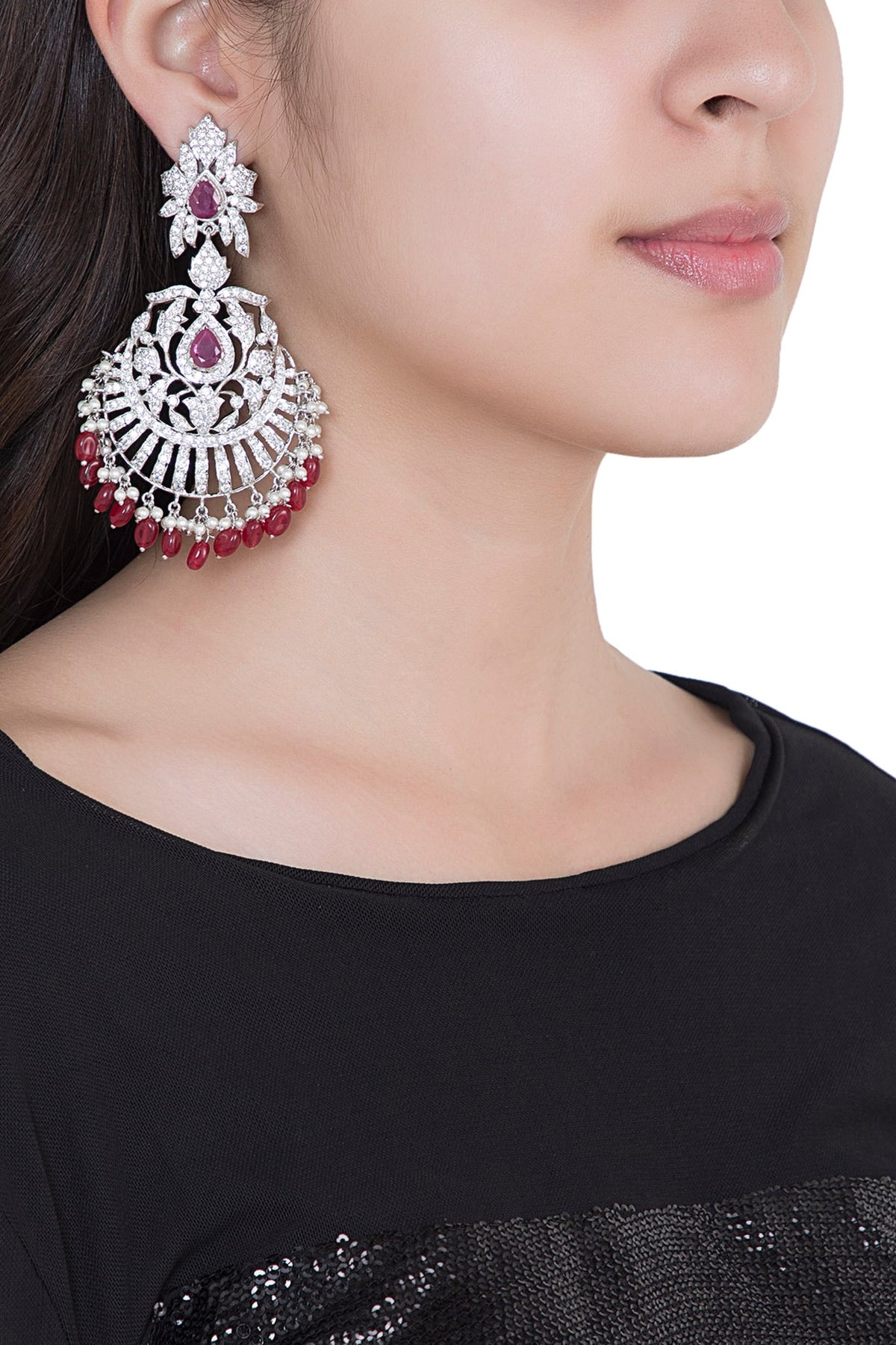 White Rhodium Plated Faux Diamond & Ruby Traditional Earrings