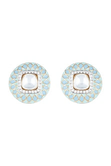 Gold Finish Powder Blue Enameled Stud Earrings