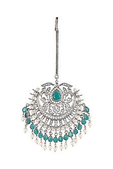 Silver Plated Faux Diamond & Green Pearl Maang Tikka